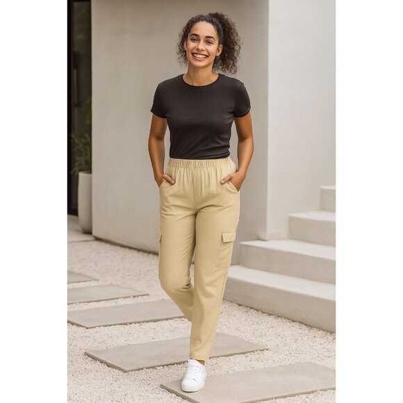 GAP Med Pants Women Cargo Pocket Elastic Waist Pull-on High-Rise Soft Twill Tan - Picture 8 of 12